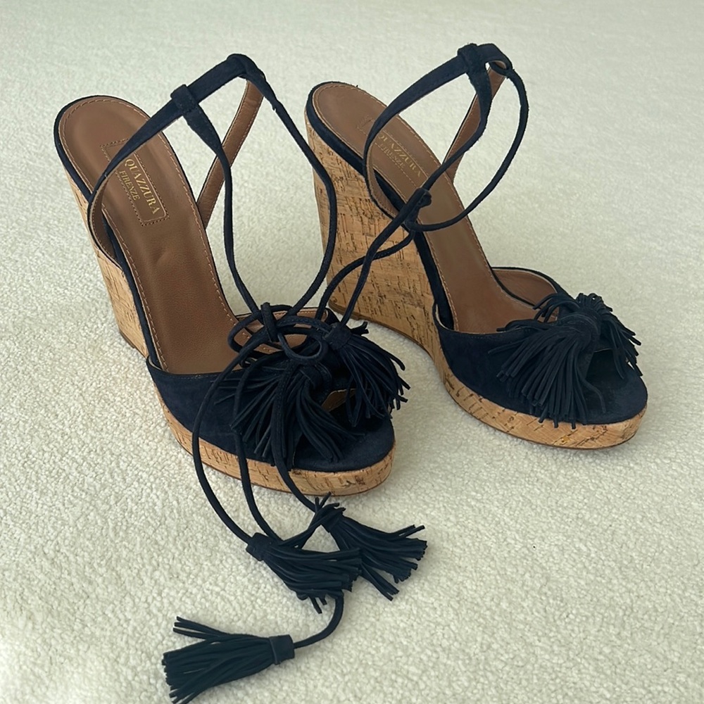 Aquazzura Navy Suede Tassel Cork Wedge Sandals